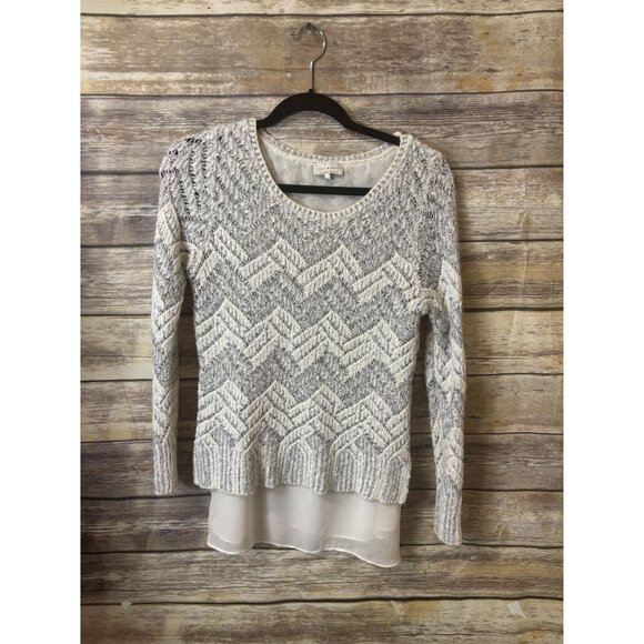 Lucky‎ Brand Cream Chevron Shine Layered Pull Over Sweater size L Large Crochet - Picture 3 of 5